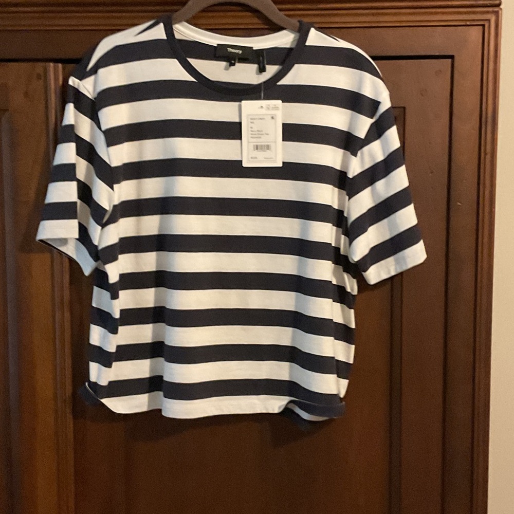 Theory Navy and White Striped Short Sleeve Tee